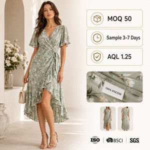 Abito Lungo Floreale Personalizzato per Donna, 100% Viscosa, Taglie EU/US, Produttore di Abbigliamento OEM, MOQ <span class=keywords><strong>50</strong></span>, AQL 1.25, Supporto Tech Pack - Product Image 1