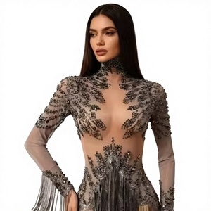 Vestido de una Pieza de Gasa Transparente con Lentejuelas de Agua y Borlas de Azúcar, Disfraz Sexy para Espectáculos de Baile Latino y Animación - Product Image 1