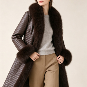 Nuovo Cappotto Lungo da <span class=keywords><strong>Donna</strong></span> in Pelle di Agnello Tyan con Collo e Polsini in Pelliccia di Volpe, Elegante Giacca Lunga Completamente Foderata - Product Image 5