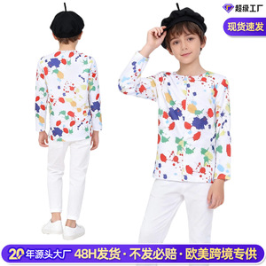Manyusha Costume d'artiste pour enfants, haut à manches longues imprimé éclaboussures d'encre avec béret, tenue de jeu de rôle d'Halloween pour garçons - Product Image 2