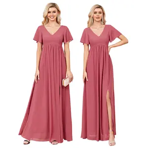 TW00056 High Quality Chiffon Dress V-Neck A-Line Elegant Wedding Party Bridesmaid Dresses Split Floor Length Long Prom Dresses