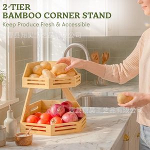 Estante esquinero de bambú de 2 niveles para almacenamiento en la cocina, organizador de productos y exhibición en encimera - Product Image 1