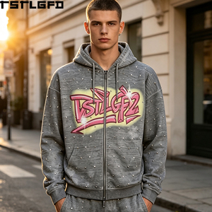 Sudadera con capucha personalizada de algodón grueso con cremallera bidireccional, estampado de grafiti con pedrería, estilo urbano, corte holgado, venta al por mayor - Product Image 5