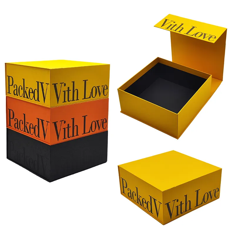 صندوق هدايا فاخر بشعار مخصص أسود وبرتقالي وأصفر على شكل كتاب من الورق المقوى الصلب قابل للطي صندوق هدايا ورقي مغناطيسي