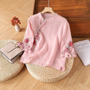 Women's Linen Embroidered Button Down Shirt Chinoiserie Three Quarter Sleeve Traditional Chinese Style Tea Dress Yellow - Product Image 3