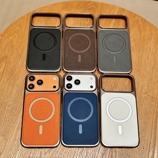 High quality PU leather Strong Magnetic Mobile phone case for iPhone 17 16 15 14 pro max Electroplate edge Shockproof back cover
