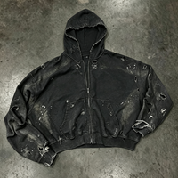 Sweat à capuche de qualité supérieure 500 g/m², style streetwear, noir, effet délavé soleil, délavé vieilli, avec fermeture éclair, en coton