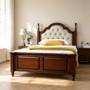Traditional Mahogany Queen Bed Frame with Upholstered Faux Leather Headboard and Wooden Posts - Product Image 3