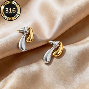 Boucles d'oreilles en acier inoxydable au design original, style goutte d'eau, pour femmes, couleur contrastée or et argent, style français, luxe léger - Product Image 3