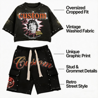 Ensemble de survêtement personnalisé pour homme : T-shirt ample en coton délavé style vintage avec strass et short – Vente en gros