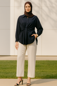 YXO030 ODM Túnica Asimétrica de Satén para Mujer Musulmana Modesta, Pantalones Anchos de Mezclilla, Ropa Islámica a Juego, Modal de Bambú - Product Image 3