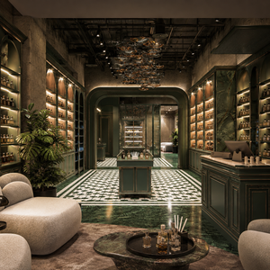 Ensemble de mobilier sur mesure haut de gamme pour boutique de parfums commerciale, système d'affichage en bois vert vintage pour parfumerie de luxe - Product Image 2