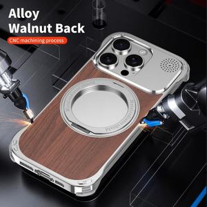 เคสโทรศัพท์แม่เหล็กไร้ขอบ วัสดุไม้วอลนัท อะลูมิเนียม และโลหะ สำหรับ iPhone 16 Pro Max พร้อมขาตั้งวงแหวนหมุนได้ 360 องศา ป้องกันการกระแทก - Product Image 5