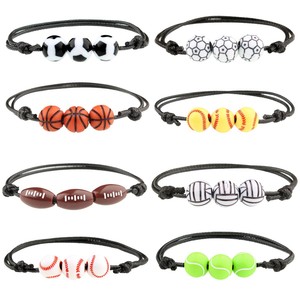 Bracelets en perles sur le thème du sport, football, basketball, bracelet en corde noire réglable pour enfants et adultes - Product Image 1