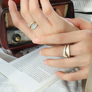 18K PVD Gold Plated Stainless Steel Blue White Enamel <b>Open</b> <b>Ring</b> | Unique Irregular Oil Drop Design | Trendy Jewelry for Women - Product Image 4