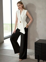 Ensemble de 2 pièces pour femmes, veste sans manches blanche et pantalon large noir, ourlet asymétrique, taille cintrée, costume de bureau