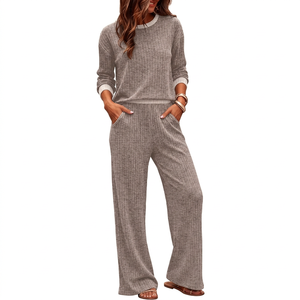 High Quality Women's Ribbed Knit <b>Two</b> <b>Piece</b> <b>Lounge</b> <b>Set</b> Long Sleeve Sweater Top Wide Leg Pants Casual Home Wear Lightweight Luxury - Product Image 4
