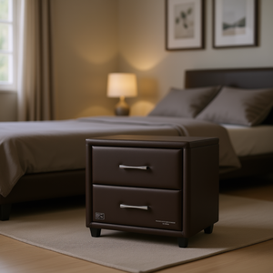 Contemporary Faux <b>Leather</b> Nightstand 2 <b>Drawers</b> Dark Brown PVC Bedroom Furniture Modern Design Silver Tone Bar <b>Pulls</b> - Product Image 2