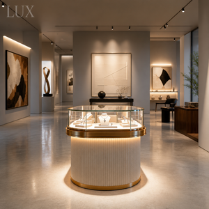 Vitrine à bijoux incurvée moderne avec éclairage LED, en verre trempé robuste et métal, pour magasin de bijoux - Product Image 3