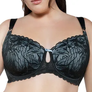 Ladymate ODM/OEM Sujetador de realce con encaje Women Full Bust Lace Unlined Wired Bra Plus size Scallop Trim Lace Underwire Bra