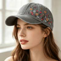 Topi Baseball Wanita Kasual Model Lengkung Warna Abu-abu Bordir Bunga Warna-warni Katun Vintage Cuci Kering, Ukuran Dapat Disesuaikan, Suplai Grosir