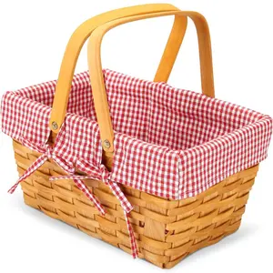 木片野餐篮编织篮，礼品包装编织篮手柄，天然双折叠家居装饰蜂蜜爱