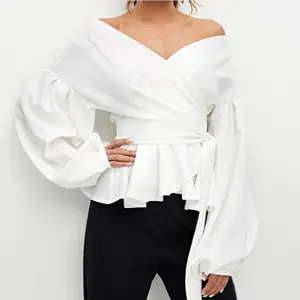 Womens Long Sleeve Clothing Wrap V-Neck White Women Blouse Ready To Ship