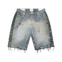 Ensemble deux pièces Y2K pour homme : veste en jean vintage délavée avec broderie strass et pantalon court, logo personnalisé