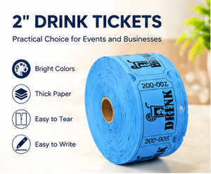 Rollo de Tickets para Bebidas de 2 Pulgadas, Papel Grueso Azul Brillante, Perforado, Fácil de Rasgar, Impresión Digital con Logotipo DRINK - Product Image 1