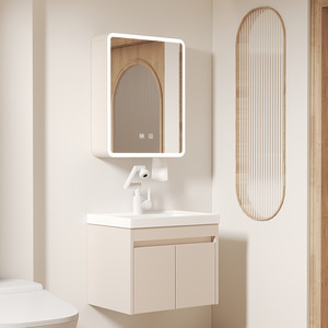 Meuble-lavabo moderne et simple en céramique avec vasque intégrée et miroir - Product Image 3