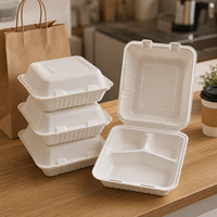 Boîte à clapet compostable en bagasse à 3 compartiments de 7 pouces, biodégradable, pour vente en gros et plats à emporter