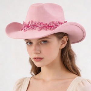 Sombrero de Vaquero de Fieltro Rosa <span class=keywords><strong>Pastel</strong></span> para Mujer, Novedad 2026, con Adorno de Bordado de Hojas en 3D, para Todas las Temporadas, Deportes y Moda al Aire Libre - Product Image 1