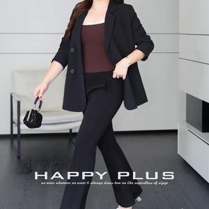 Ensemble de costume pour femme Happy Plus, pantalon évasé taille haute en crêpe noir, taille élastique, grande taille N8777 - Product Image 3