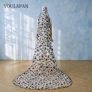 YouLaPan V329 Velo da Sposa Nero in Tulle Floreale, Velo Lungo a 1 Strato con Bordo Nero per la Sposa - Product Image 5