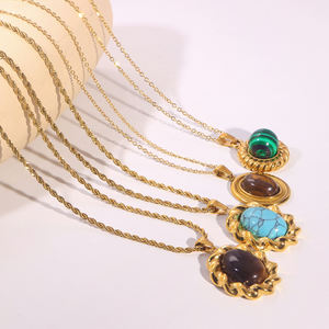 Moda 18K chapado en oro girasol colgante collar mujeres Boho Vintage turquesa Ojo de Tigre Cadena de piedra Natural conjunto de joyería - Product Image 2