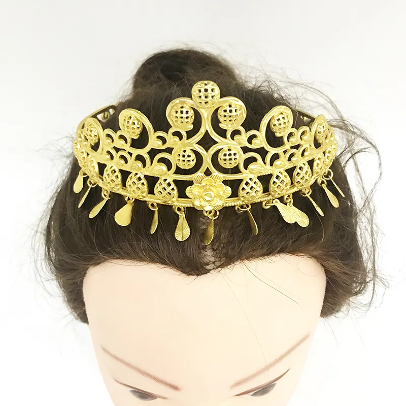 Dubai altın renk Tiaras içi boş çiçekler kadın taç saç takısı düğün Headpieces cezayir gelin hediye Bijoux