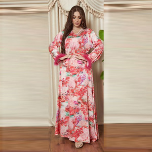 2024 primavera nuevo vestido musulmán moda estampado Floral <span class=keywords><strong>Abya</strong></span> en Dubai señoras ropa islámica diamante Abaya con plumas - Product Image 4