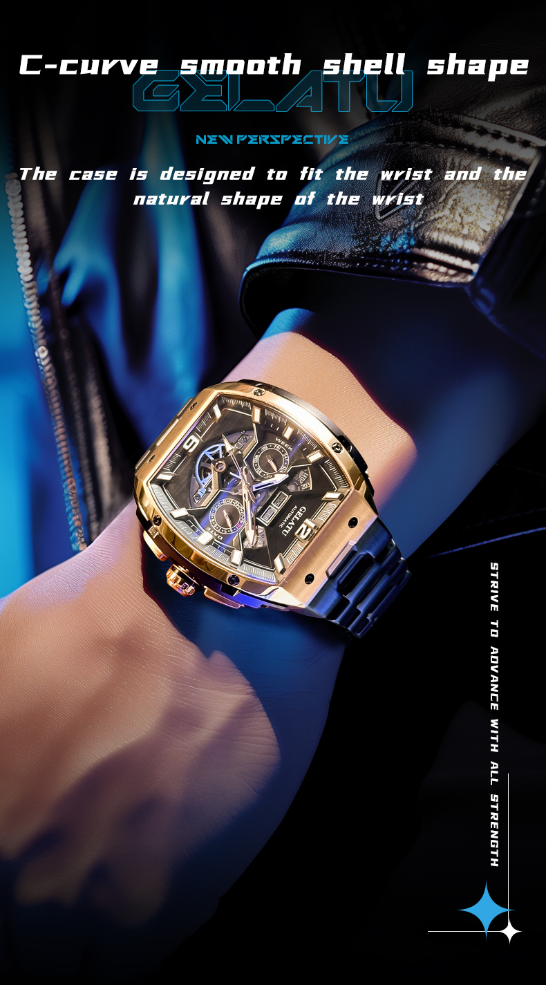Gelatu 6013 Classic Tonneau Watch - Waterproof & Dual Calendar