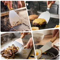 CUISYERA Ensemble de spatules en acier inoxydable avec manche en bois de hêtre, spatule de cuisson et racloir pour grillades sur plaque plate et cuisson Teppanyaki