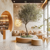 Comptoir de bar à café commercial personnalisé en bois et acier inoxydable avec éclairage LED pour café moderne, style Serene Boba Store tendance