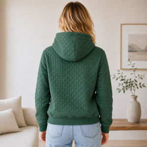 Chaqueta con capucha acolchada verde oscuro para mujer OEM, con cremallera, diseño de diamantes personalizado, estilo casual, tipo sudadera. - Product Image 3