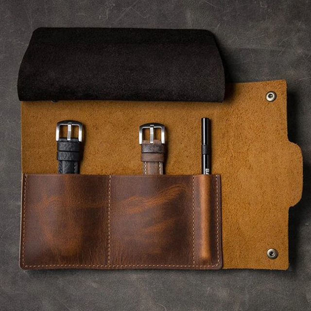 YY Handmade Crazy Horse Leather Watch Holder Wristwatch Case Pouch Protection for Travel