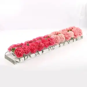 Modern Acrylic Rectangular Flower Rack Low Flower Vase with Plastic Center for Wedding Table Decoration