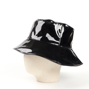 Black PU Bucket <b>Hat</b> Women Winter Casual Wide Brim <b>Flat</b> Top Fashion <b>Hat</b> - Product Image 2
