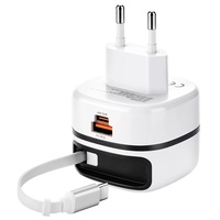 Chargeur GaN PD65W avec câble intégré, ports USB-C/USB-A pour une charge rapide des téléphones, norme européenne/britannique, logo personnalisé