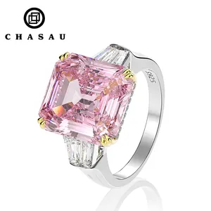 Plata de Ley 925 corte esmeralda solitario Baguette 3 piedras 9 quilates Rosa blanco amarillo Cubic Zirconia CZ anillo de compromiso