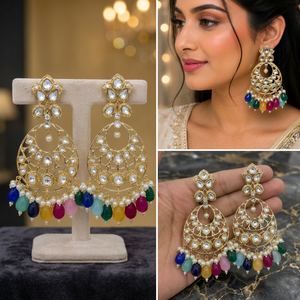 Boucles d'oreilles tendance de haute qualité, style ethnique traditionnel, en alliage plaqué or, serties de pierres, perles et Kundan, motif Paisley - Product Image 2