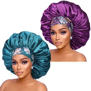 QINGYAN Bonnets Design Personnalisés Logo Vente en Gros Soie Satin Extra Large avec Bande Fleur Confort Tresses Cheveux Frisés Femme Bonnet de Nuit - Product Image 1