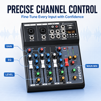 E4USB Mini-mixeur audio 4 canaux, table de mixage compacte professionnelle, lecteur MP3 Bluetooth USB, égaliseur 3 bandes pour diffusion en direct, studio à domicile