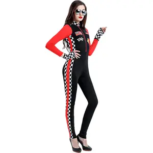 New Adult Costume Long Sleeve Zipped Patchwork Halloween Cosplay Jumpsuit Women's Sexy Racer Costume